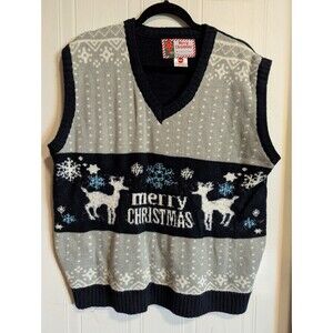 Merry Christmas Reindeer Snow Fair Isle Knit Ugly Sweater Vest XXL Gray Navy